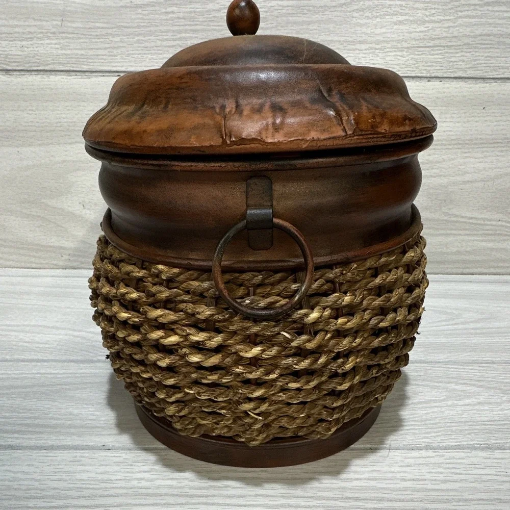 Rustic Brown/Tan Metal Decorative Jars (Set Of 2) Woven Wicker Lids Handles
